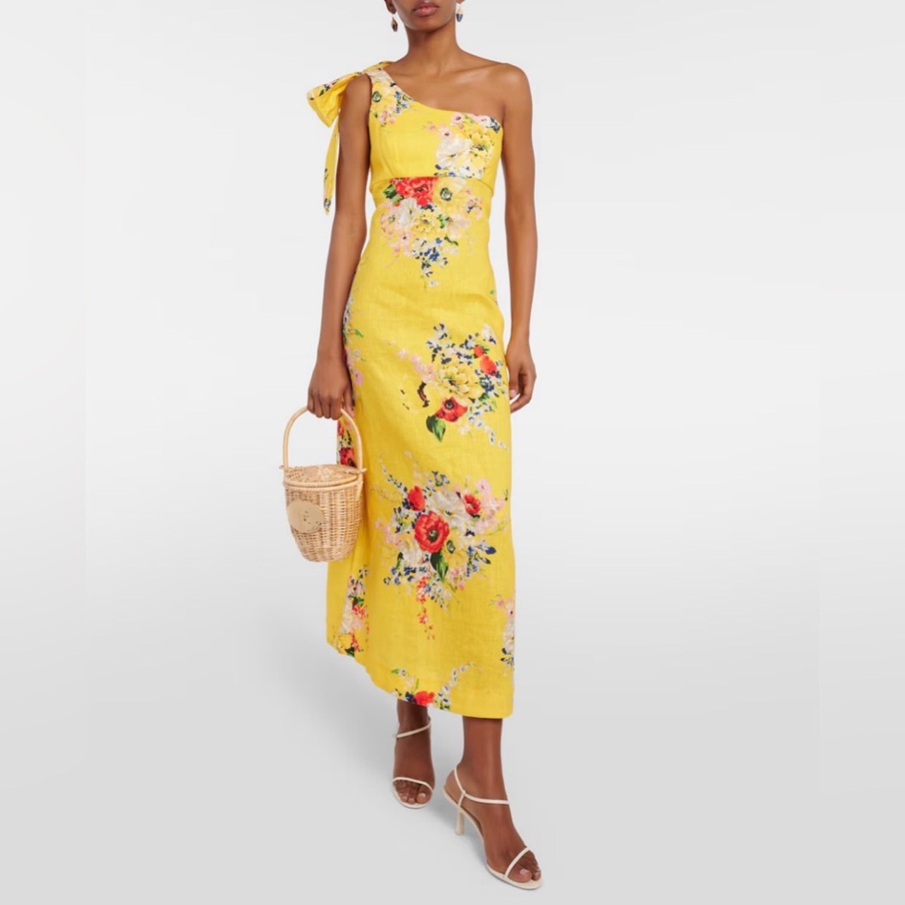 Zimmermann Floral One-Shoulder Yellow Midi Dress with Shoulder Tie Small (0)